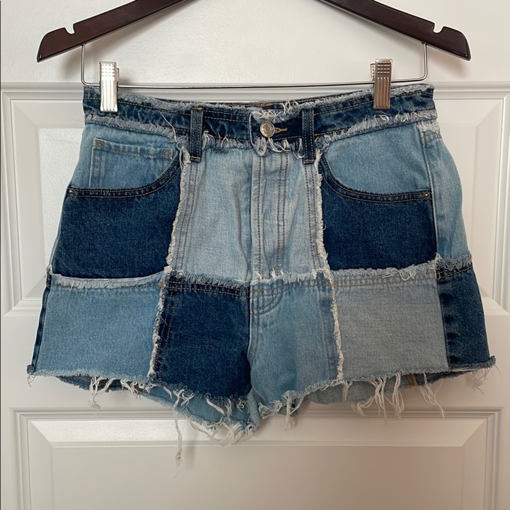 Blue Patchwork Jean Shorts with Distressed Hem